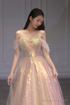 Shiny Tulle Long Prom Dress With Sequins, Off The Shoulder Evening Dress