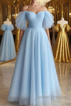 Shiny Tulle Off the Shoulder Tea Length Prom Dress, Homecoming Dress, Off Shoulder Formal Graduation Evening Dress