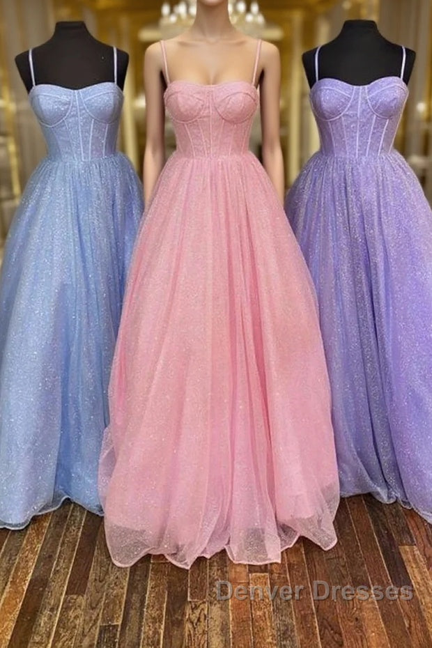 Shiny Tulle Open Back Long Prom Dress, Long Tulle Formal Graduation Evening Dress