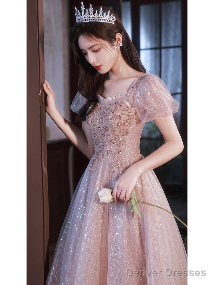 Shiny Tulle Pink Short Sleeves Sweetheart Prom Dress, A-Line Pink Tulle Evening Dress Secondary image
