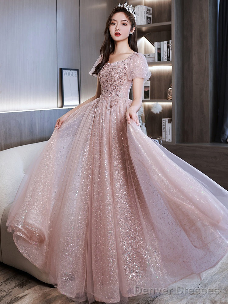 Shiny Tulle Pink Short Sleeves Sweetheart Prom Dress, A-Line Pink Tulle Evening Dress Main image