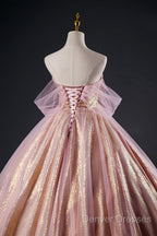 Shiny Tulle Sequins Long Prom Dress, Beautiful Pink Formal Dress Sweet 16 Dress