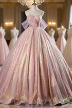 Shiny Tulle Sequins Long Prom Dress, Beautiful Pink Formal Dress Sweet 16 Dress