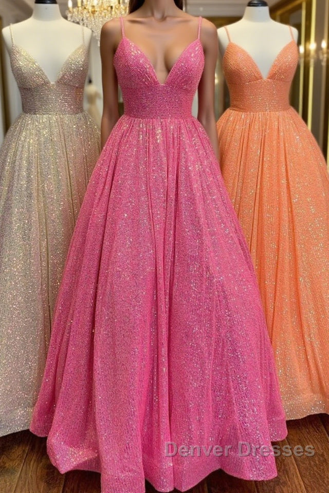 Shiny Tulle V Neck Backless Hot Pink/Orange/Champagne Long Prom Dress, Backless Hot Pink/Orange/Champagne Formal Graduation Evening Dress Main image