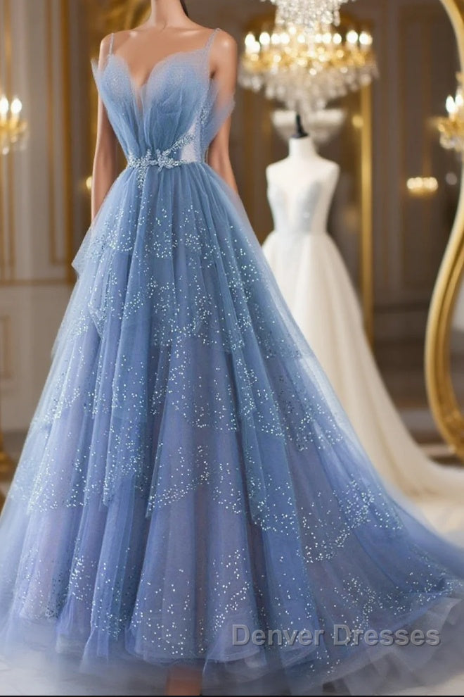 Shiny Tulle V Neck Blue Long Prom Dress, Blue Tulle Formal Evening Dress, Blue Ball Gown Main image