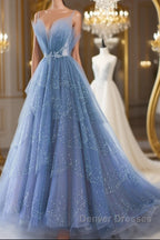 Shiny Tulle V Neck Blue Long Prom Dress, Blue Tulle Formal Evening Dress, Blue Ball Gown