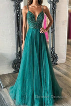 Shiny V Neck Backless Beaded Green Tulle Long Prom Dress, Green Lace Formal Dress, Beaded Evening Dress