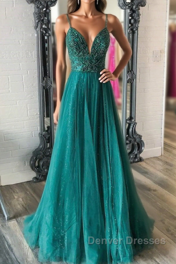 Shiny V Neck Backless Beaded Green Tulle Long Prom Dress, Green Lace Formal Dress, Beaded Evening Dress Main image