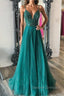 Shiny V Neck Backless Beaded Green Tulle Long Prom Dress, Green Lace Formal Dress, Beaded Evening Dress