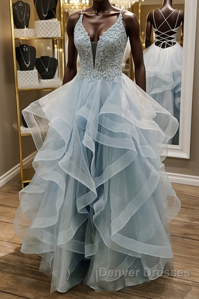 Shiny V Neck Backless Fluffy Blue Long Prom Dress, V Neck Blue Formal Dress, Blue Lace Evening Dress Main image