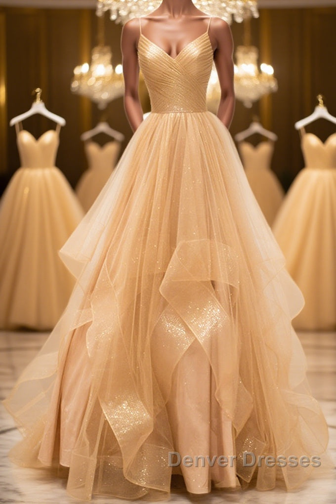 Shiny V Neck Backless Golden Long Prom Dress, Backless Golden Formal Dress, Golden Evening Dress Main image