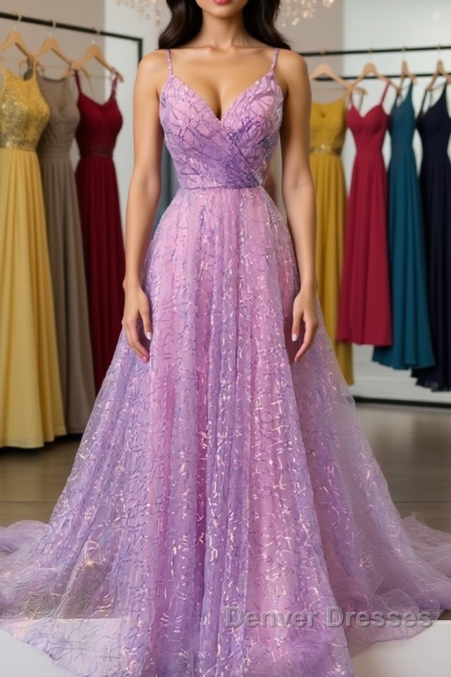 Shiny V Neck Backless Long Purple Prom Dress, Backless Lilac Formal Graduation Evening Dress