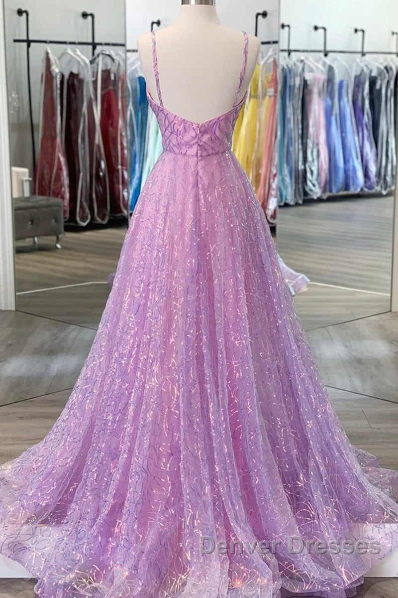 Shiny V Neck Backless Long Purple Prom Dress, Backless Lilac Formal Graduation Evening Dress Secondary image