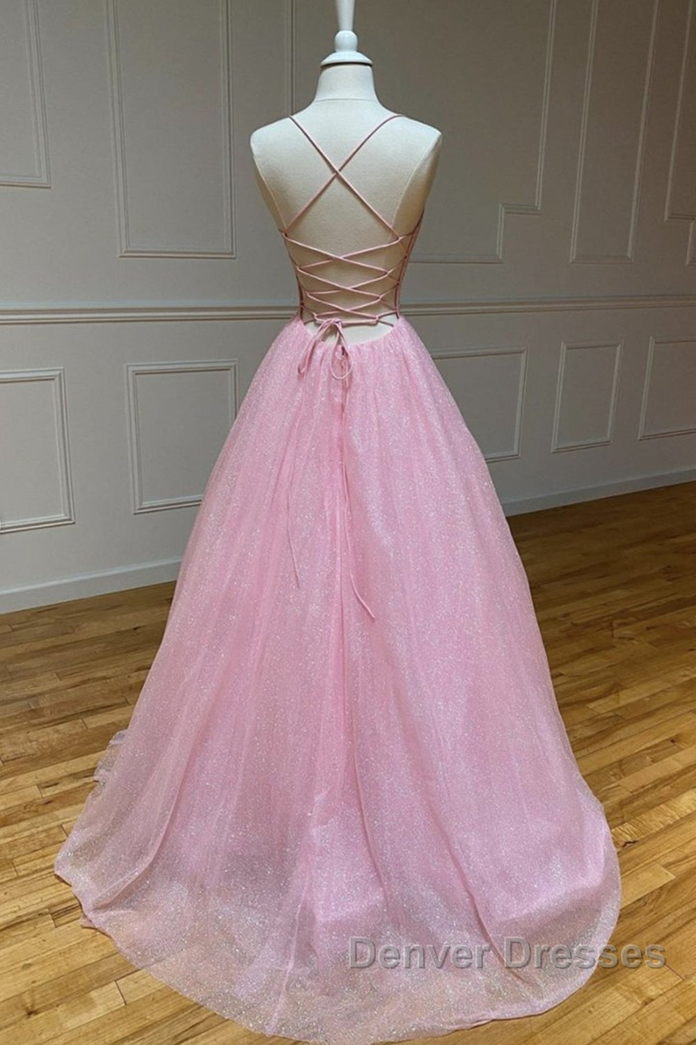 Shiny V Neck Backless Pink Long Prom Dress, Backless Pink Formal Graduation Evening Dress Secondary image