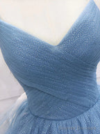 Shiny V Neck Blue Long Prom Dresses, Shiny V Neck Blue Long Formal Graduation Dresses