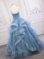Shiny V Neck Blue Long Prom Dresses, Shiny V Neck Blue Long Formal Graduation Dresses