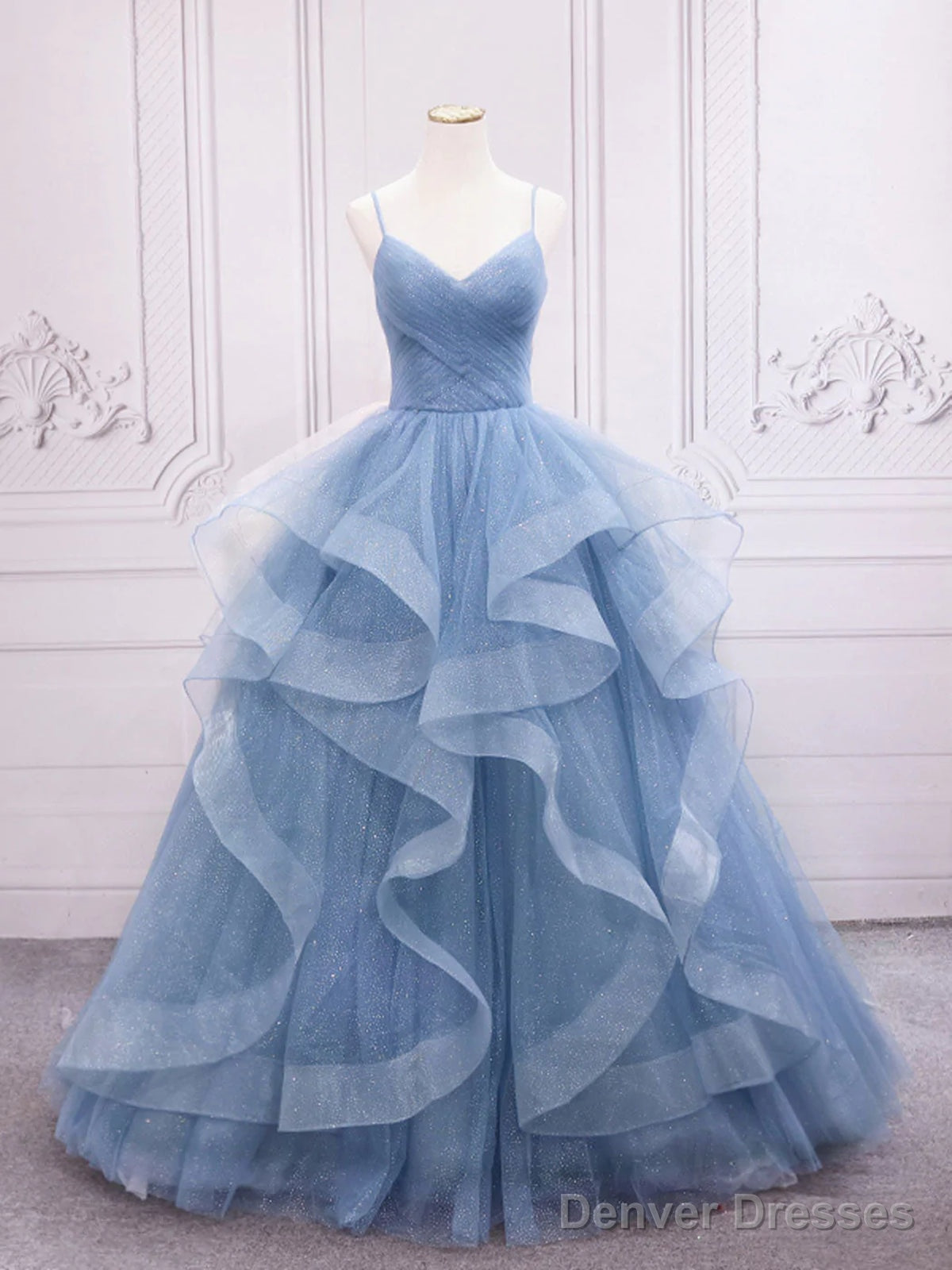Shiny V Neck Blue Long Prom Dresses, Shiny V Neck Blue Long Formal Graduation Dresses Main image