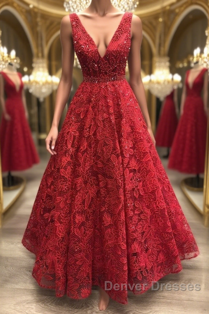 Shiny V Neck Burgundy Lace Long Prom Dress, Burgundy Lace Formal Dress, Sparkly Burgundy Evening Dress Main image