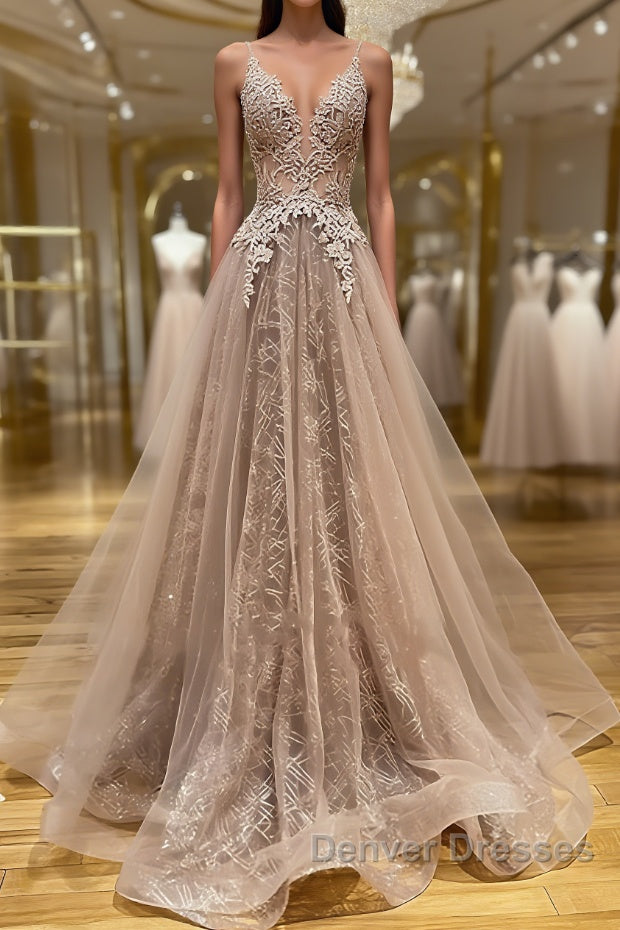 Shiny V Neck Champagne Lace Prom Dress, Champagne V Neck Lace Formal Graduation Evening Dress Main image