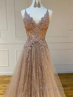 Shiny V Neck Champagne Lace Prom Dress, Champagne V Neck Lace Formal Graduation Evening Dress