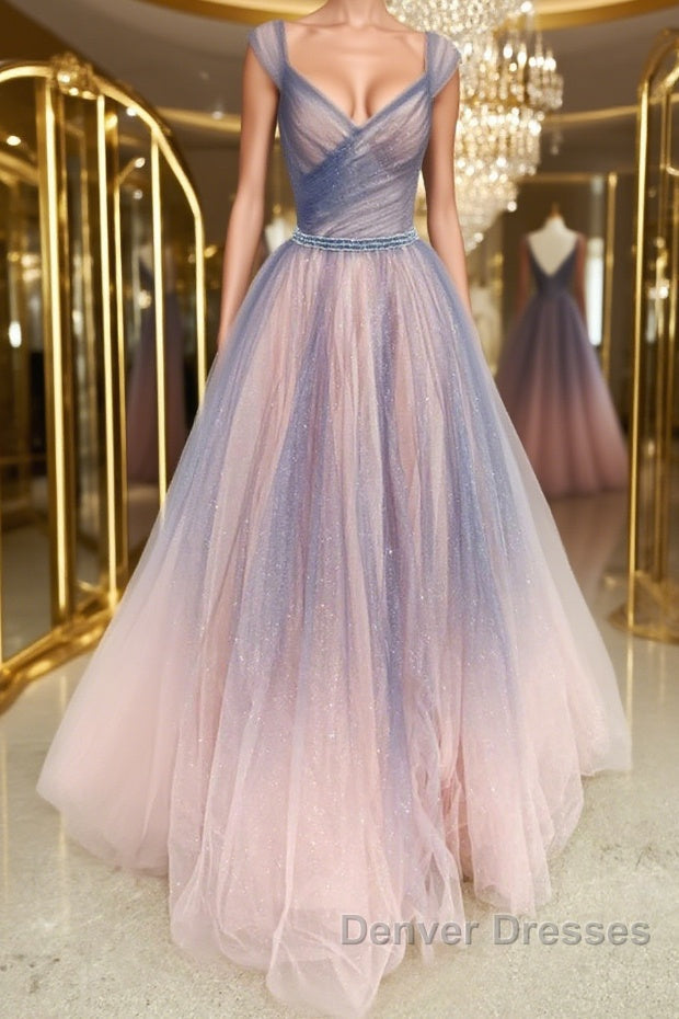 Shiny V Neck Colorful Champagne Long Prom Dress, Champagne Formal Evening Dress Main image