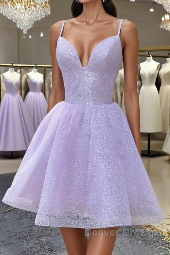 Shiny V Neck Lilac Short Prom Dress, Lilac Homecoming Dress
