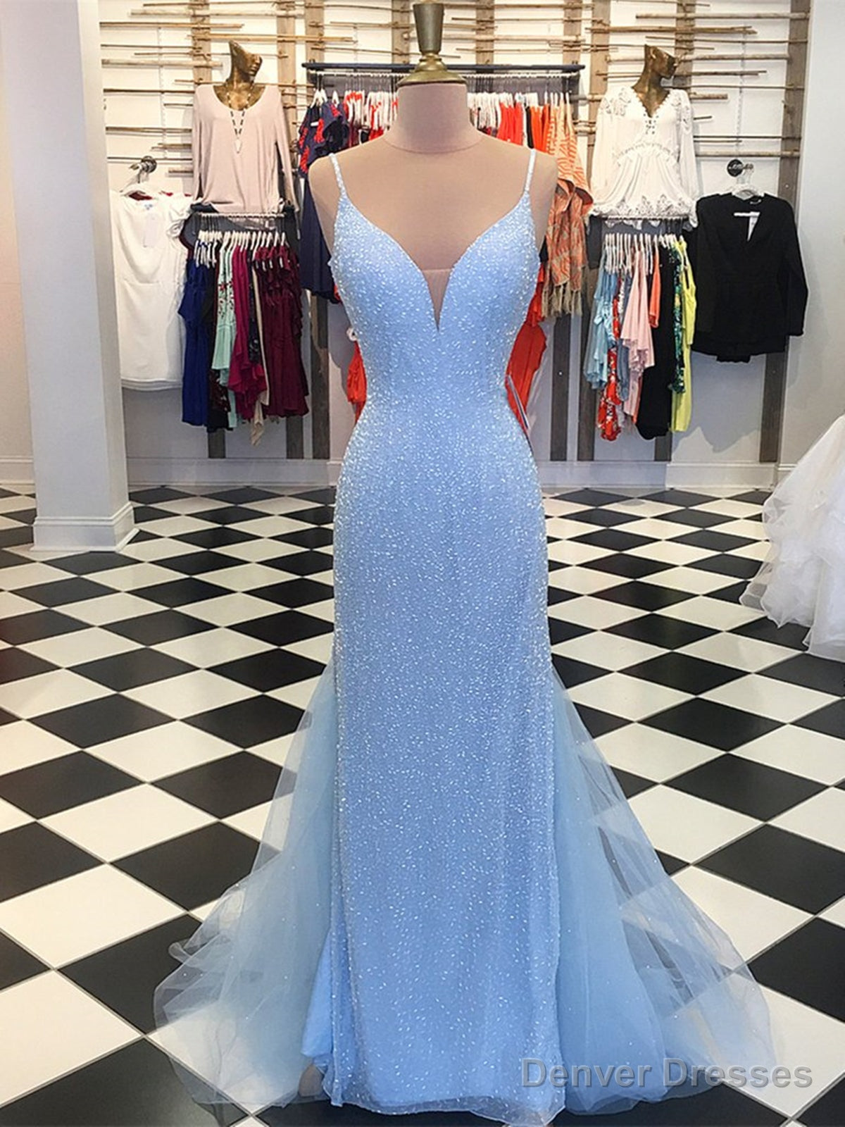 Shiny V Neck Mermaid Blue Prom Dresses, V Neck Blue Mermaid Formal Evening Dresses Secondary image