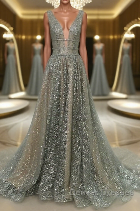 Shiny V Neck Open Back Champagne Long Prom Dress, Champagne Formal Graduation Evening Dress Main image