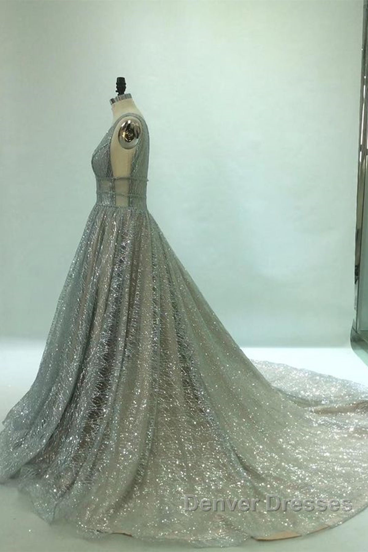 Shiny V Neck Open Back Champagne Long Prom Dress, Champagne Formal Graduation Evening Dress
