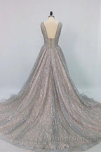 Shiny V Neck Open Back Champagne Long Prom Dress, Champagne Formal Graduation Evening Dress