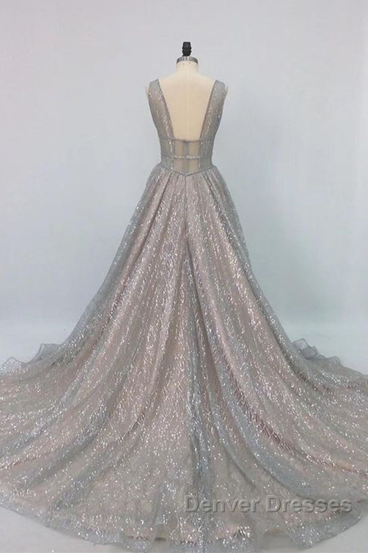 Shiny V Neck Open Back Champagne Long Prom Dress, Champagne Formal Graduation Evening Dress