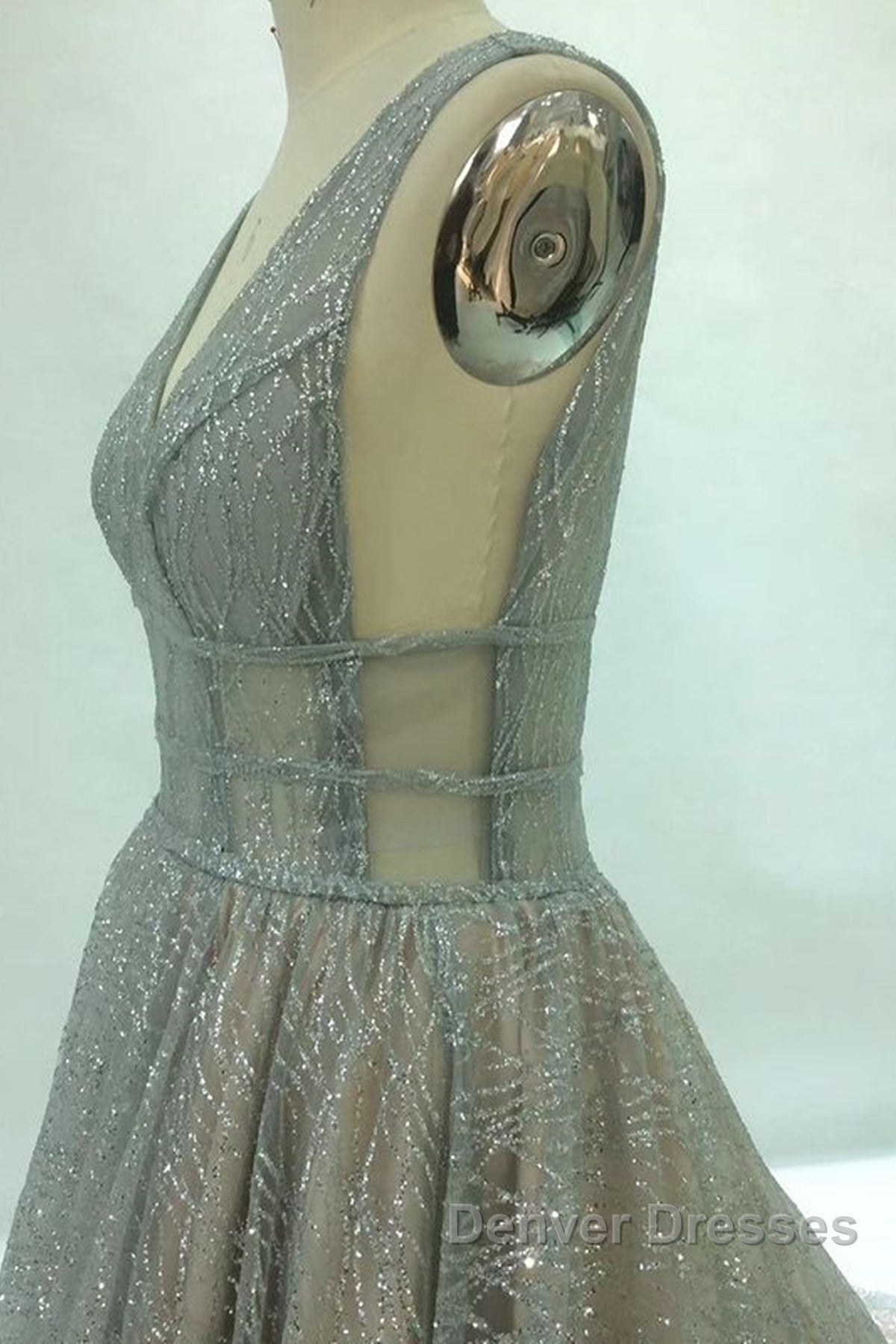 Shiny V Neck Open Back Champagne Long Prom Dress, Champagne Formal Graduation Evening Dress