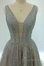 Shiny V Neck Open Back Champagne Long Prom Dress, Champagne Formal Graduation Evening Dress