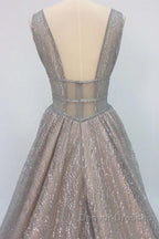 Shiny V Neck Open Back Champagne Long Prom Dress, Champagne Formal Graduation Evening Dress