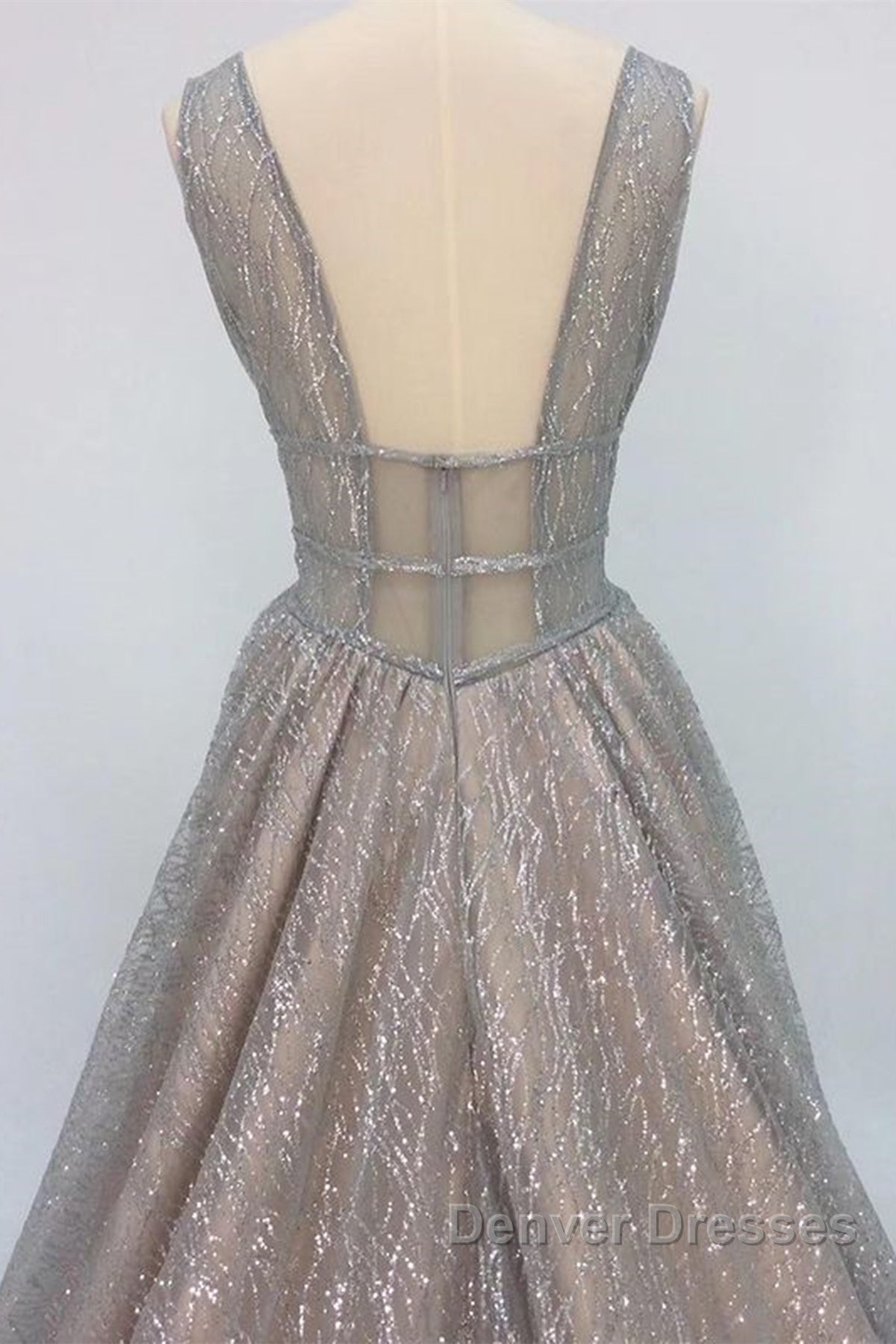 Shiny V Neck Open Back Champagne Long Prom Dress, Champagne Formal Graduation Evening Dress