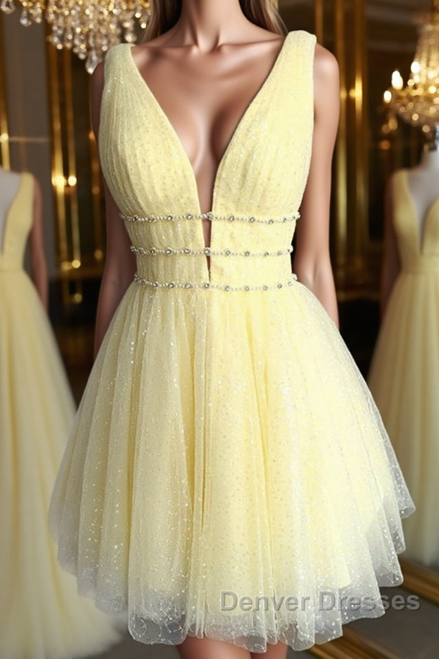 Shiny V Neck Open Back Yellow Tulle Short Prom Dress, V Neck Yellow Formal Graduation Homecoming Dress Main image