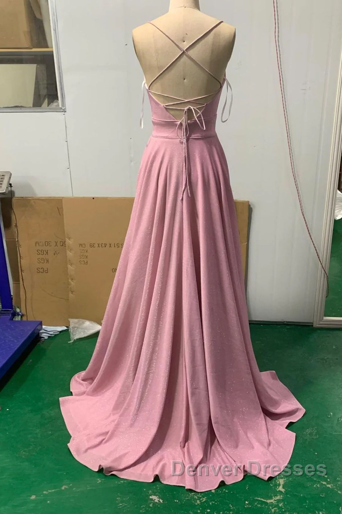 Shiny V Neck Pink Long Prom Dress, Pink V Neck Long Formal Evening Dress Secondary image