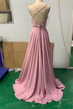 Shiny V Neck Pink Long Prom Dress, Pink V Neck Long Formal Evening Dress