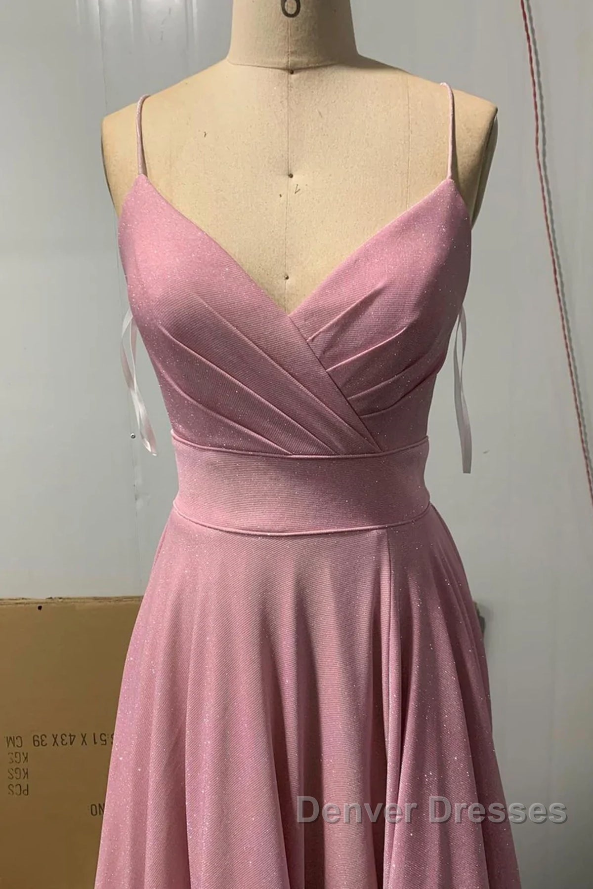 Shiny V Neck Pink Long Prom Dress, Pink V Neck Long Formal Evening Dress