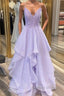 Shiny V Neck Purple Lace Long Prom Dress, Purple Lace Formal Evening Dress, Purple Ball Gown