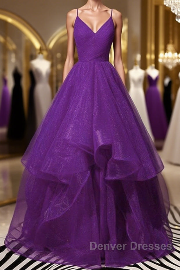 Shiny V Neck Purple Long Prom Dress, Long Purple Formal Evening Dress, Purple Ball Gown