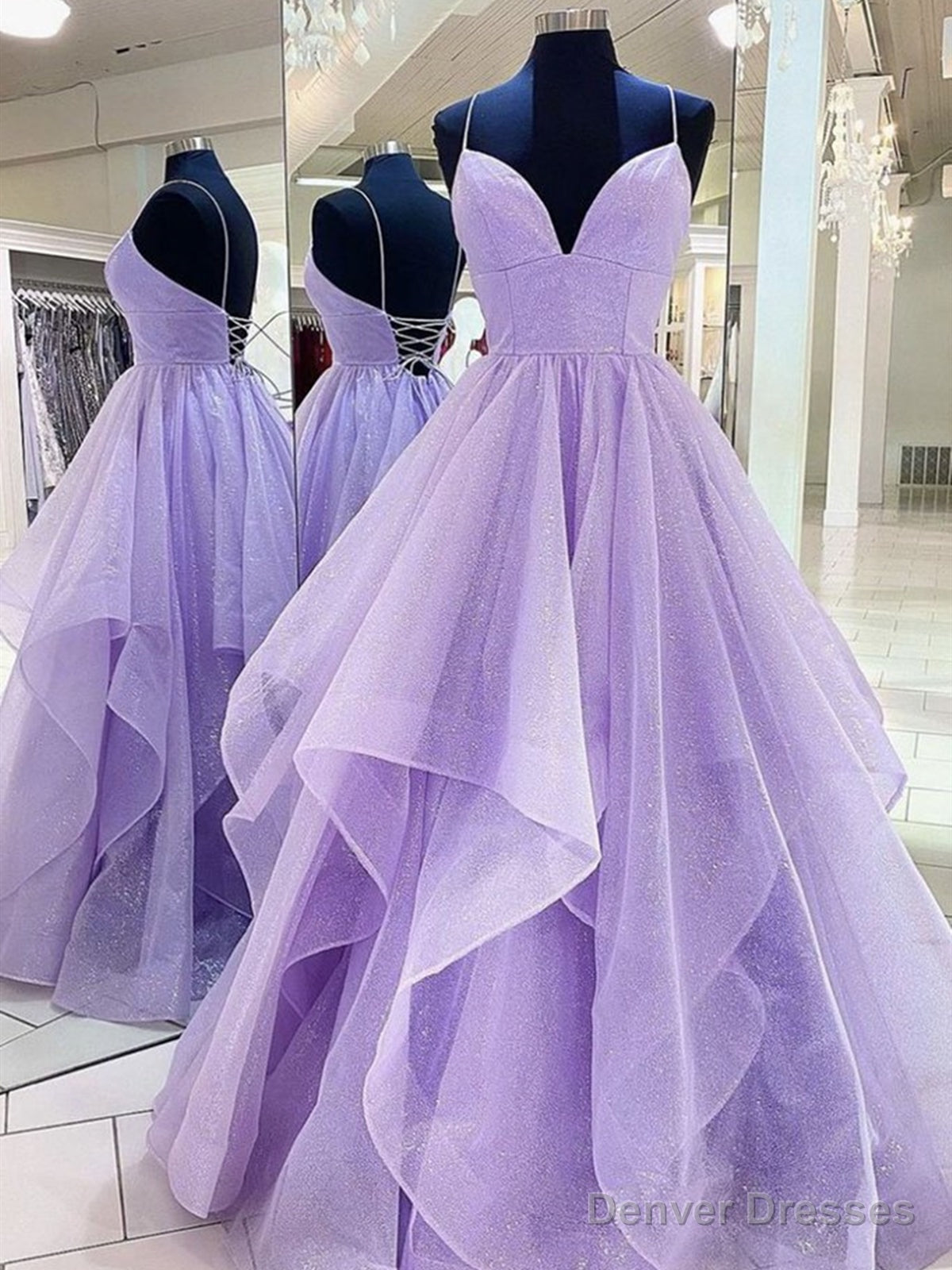 Shiny V Neck Purple Long Prom Dresses, Purple V Neck Long Formal Evening Dresses Main image