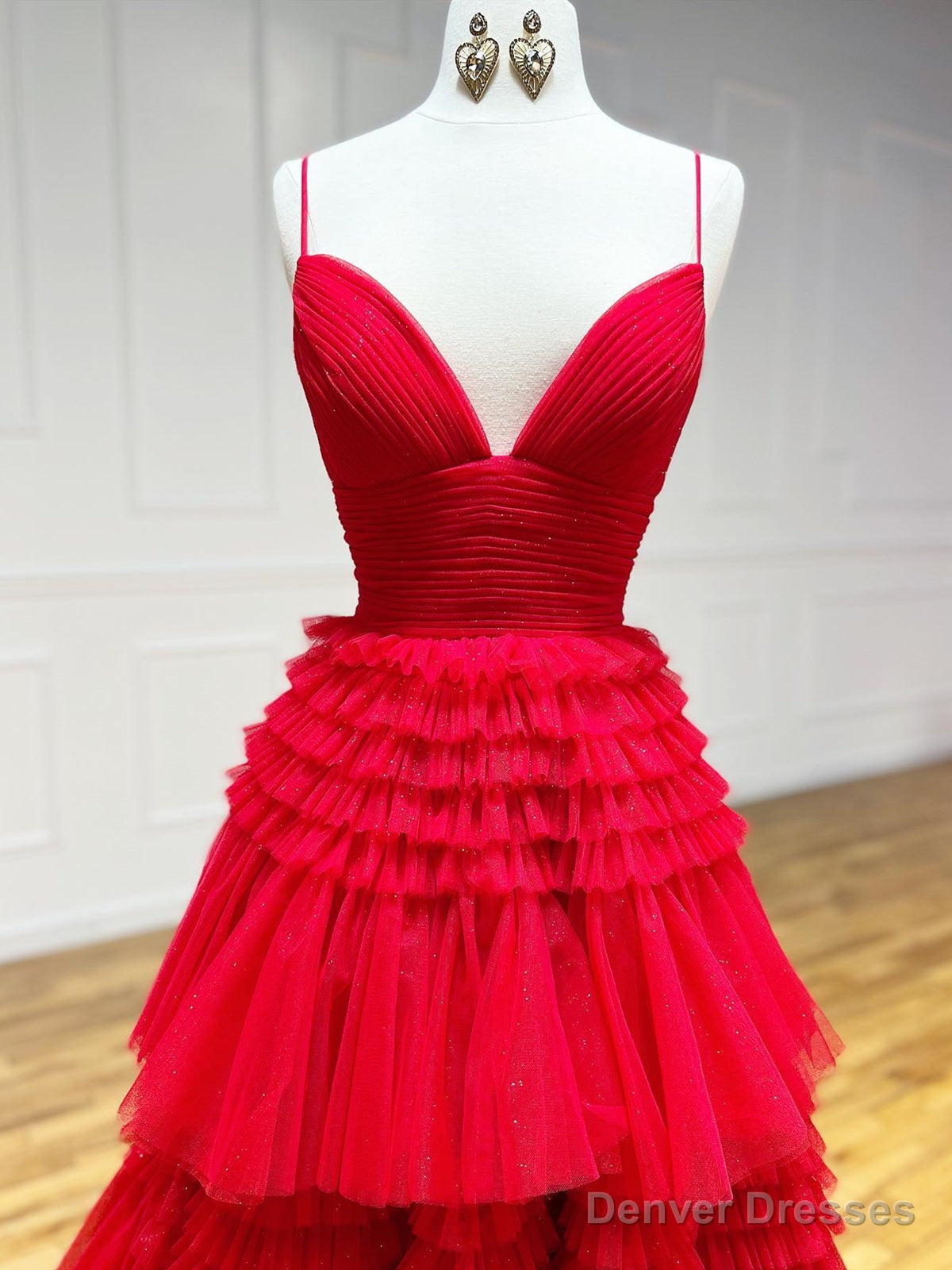 Shiny V Neck Red High Low Prom Dresses, V Neck High Low Red Formal Evening Dresses Secondary image