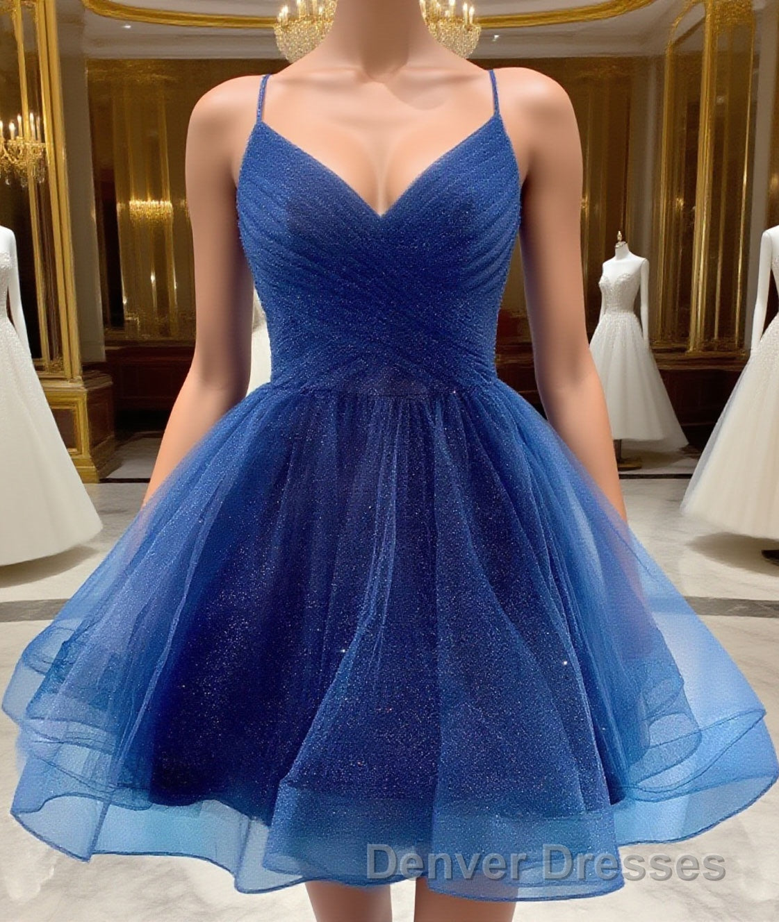 Shiny V Neck Short Blue Green White Prom Dress, Shiny Short V Neck Formal Homecoming Dress Main image