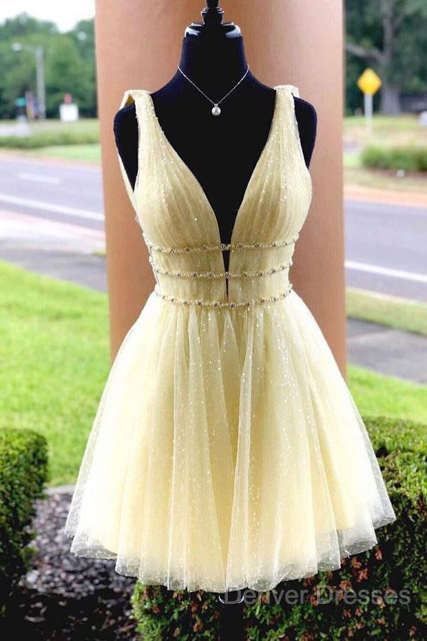 Shiny V Neck Short Blue/Yellow Prom Dressses, Short Blue/Yellow V Neck Fomal Homecoming Graduation Dress