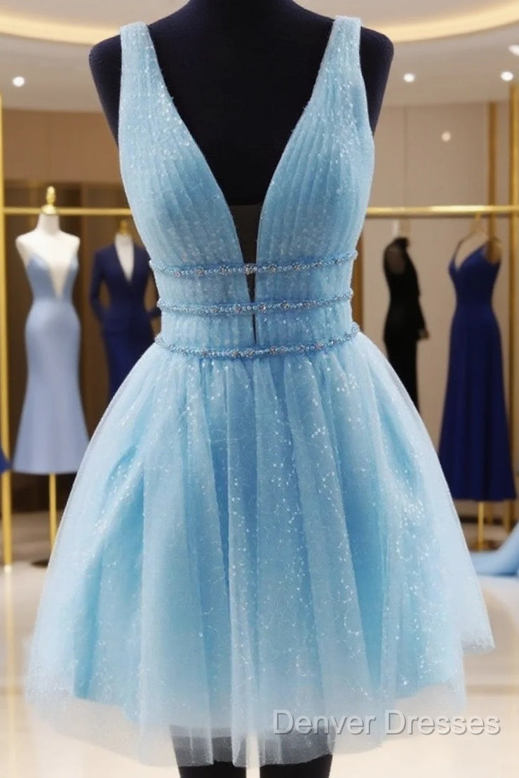Shiny V Neck Short Blue/Yellow Prom Dressses, Short Blue/Yellow V Neck Fomal Homecoming Graduation Dress
