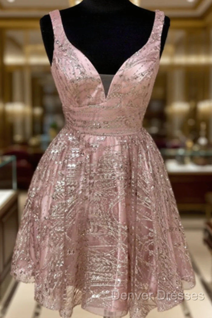 Shiny V Neck Short Champagne Prom Dress, Short V Neck Champagne Graduation Formal Dress Main image