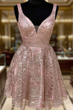 Shiny V Neck Short Champagne Prom Dress, Short V Neck Champagne Graduation Formal Dress