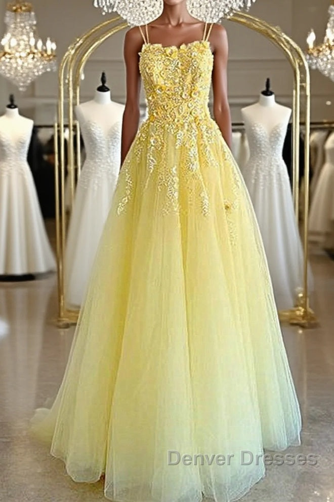 Shiny Yellow Lace Floral Prom Dress, Shiny Yellow Lace Floral Formal Evening Dress Main image