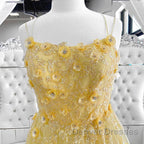 Shiny Yellow Lace Floral Prom Dress, Shiny Yellow Lace Floral Formal Evening Dress